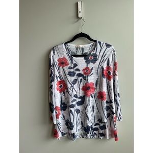 Jess & Jane Mineral Washed Cotton Top Mesh Contrast Red Blue Poppy Floral